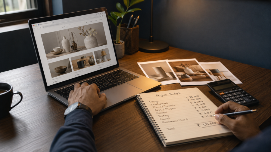 Ecommerce professional estimating Shopify website development costs in India