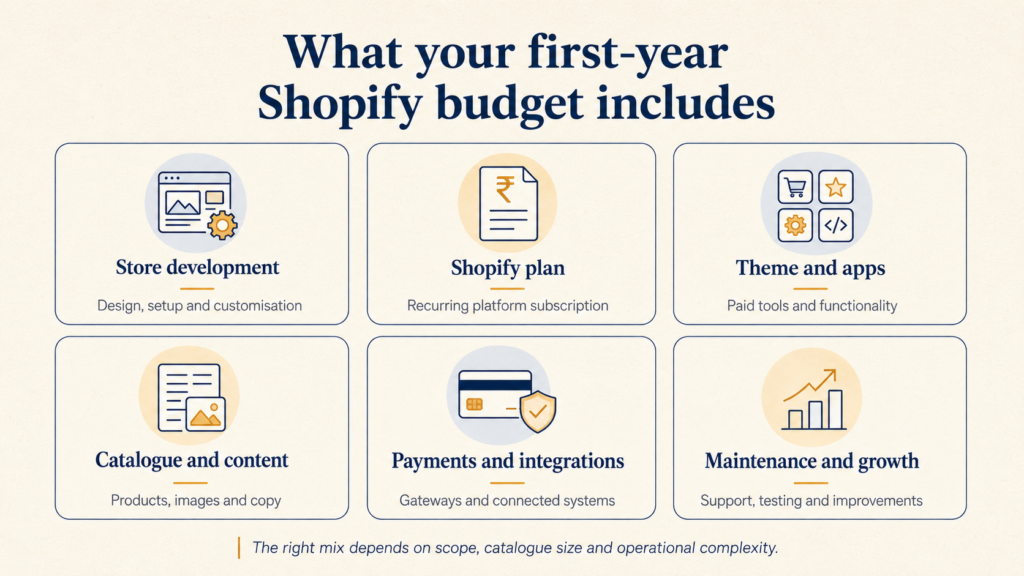Breakdown of first-year Shopify website costs including development, plans, themes, apps, content, integrations and maintenance