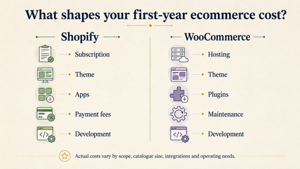 First-year Shopify and WooCommerce cost components for Indian ecommerce businesses