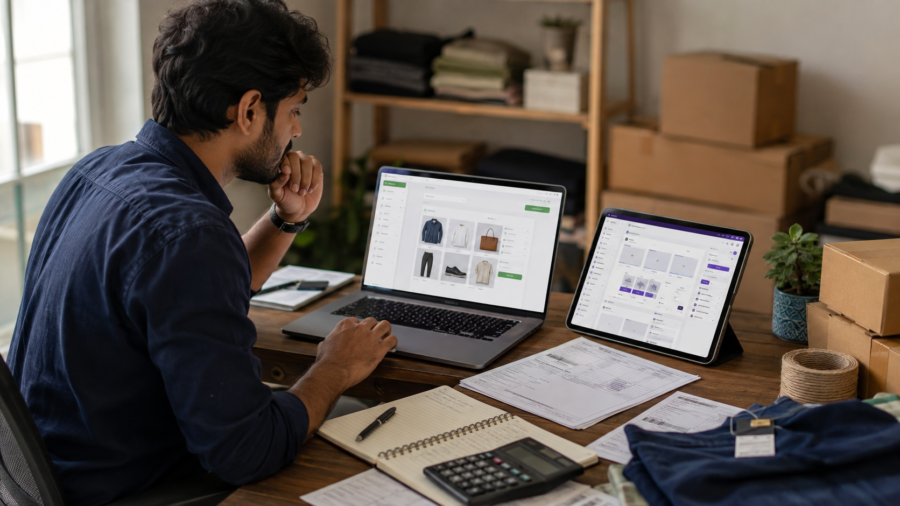 Indian ecommerce business owner comparing Shopify and WooCommerce for an online store